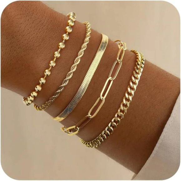 ❤️Women Gold Dainty Trendy Bracelets Set Paperclip,  Rope, Mirror, Satellite - Picture 1 of 8